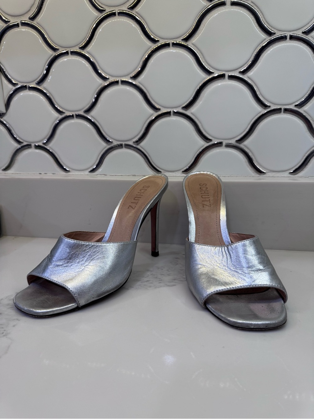 SCHUTZ Silver Metallic Open-Toe Mule Heels
